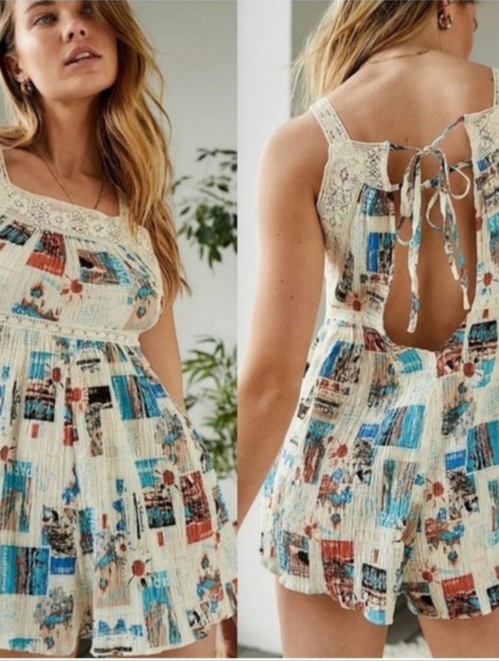 Urban Outfitters Cream Boho Lace-Trim Open-Back Romper Postcard Print Size Small